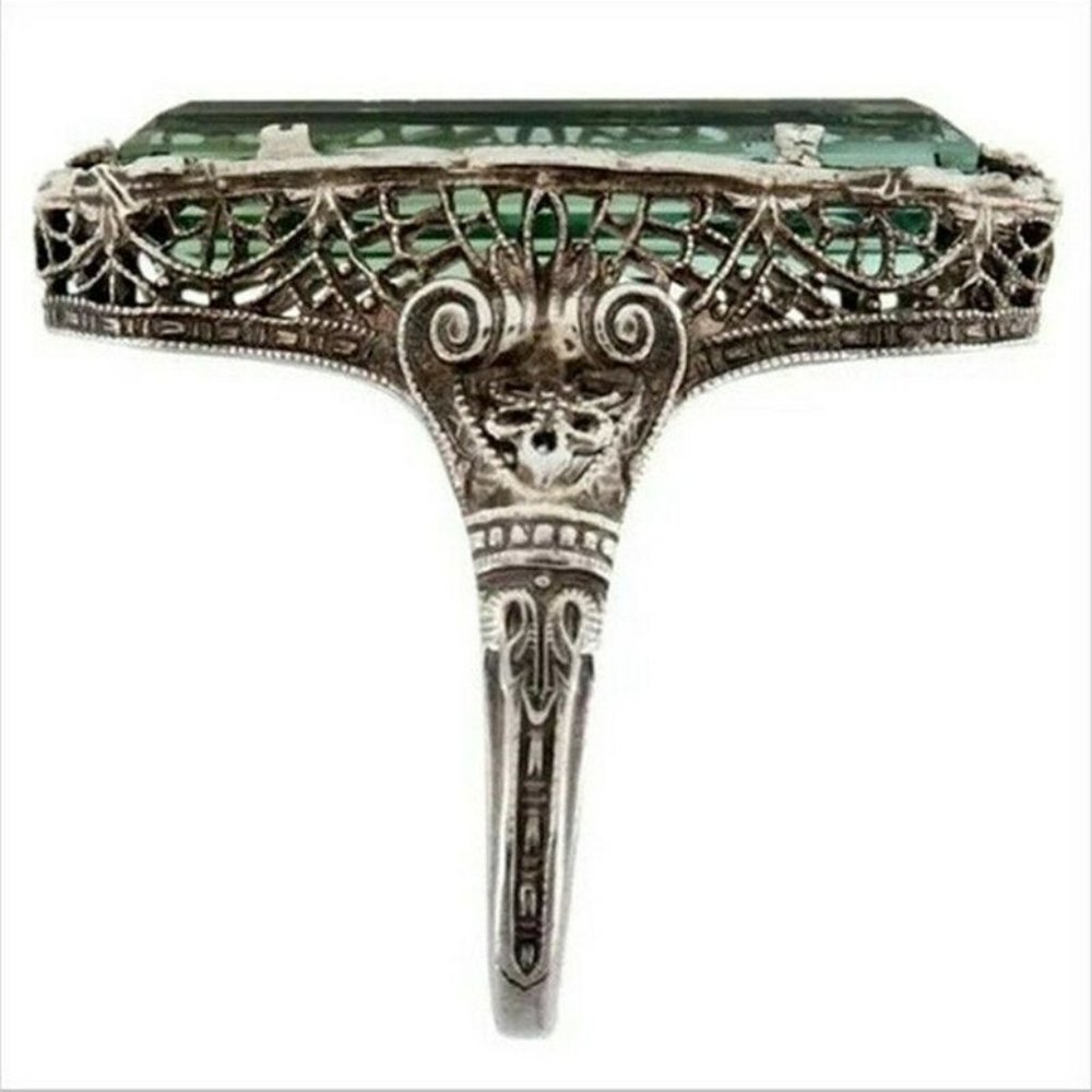 Retro Hollow Green Topaz Antique Silver Filigree Ring - Picture 3 of 7